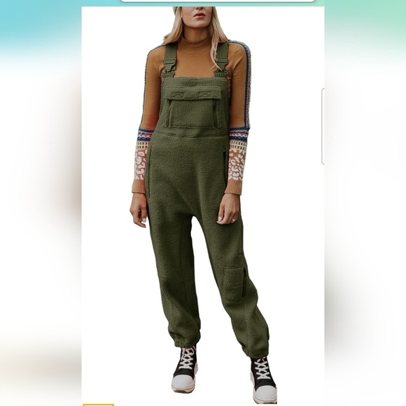 TBETNE Women's Green Fleece Jumpsuit Overalls Size Medium - Picture 1 of 10